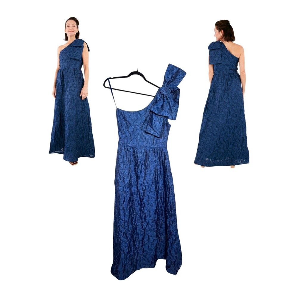 Abbey Glass Caroline One Shoulder Gown Navy Organza Maxi Dress Medium NEW